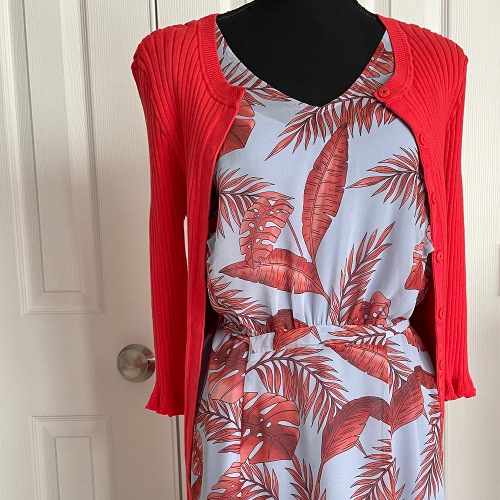 Cabi Blue/Coral Dress with CAbi Coral Cardigan, Set of 2, Size M